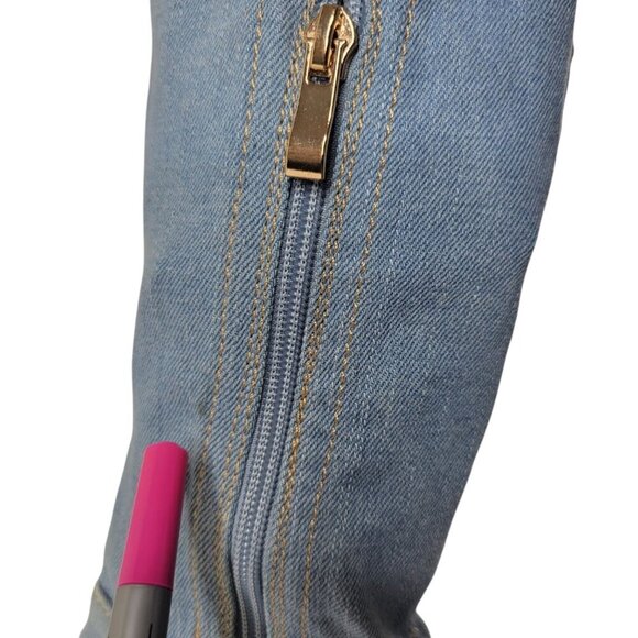 Akira Floral Embroidered Boots Sz 6.5 Thigh High Denim Peep Toe Stiletto 4.5" - Picture 5 of 16